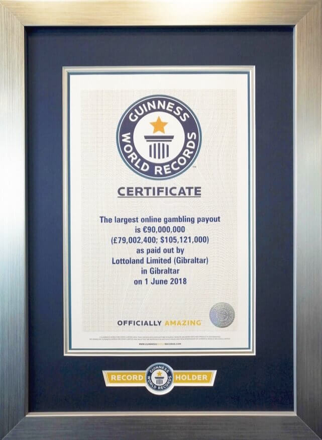 Lottoland's Guinness World Record Certificate